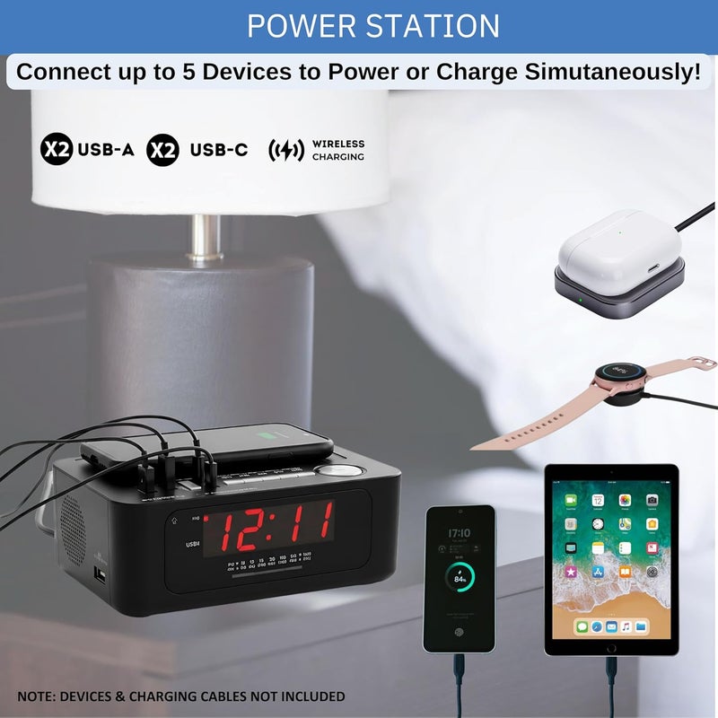 Ken-Tech ساعة منبه رقمية لغرف النوم، شحن لاسلكي 15 واط. 2 منفذ USB-C و 2 منفذ USB-A. ساعة منبه عالية الصوت للنائمين بعمق مثالية لغرفة النوم، المكتب، والمكتب. - Image 2